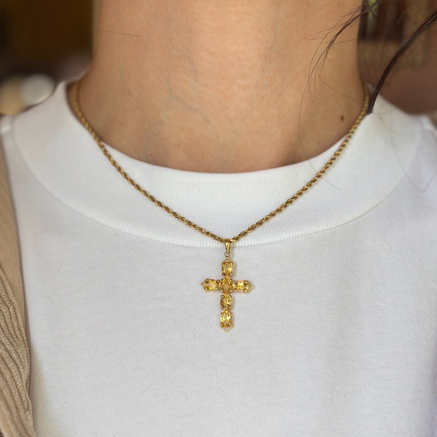 Estate 14KT Yellow Gold Citrine Cross Pendant
