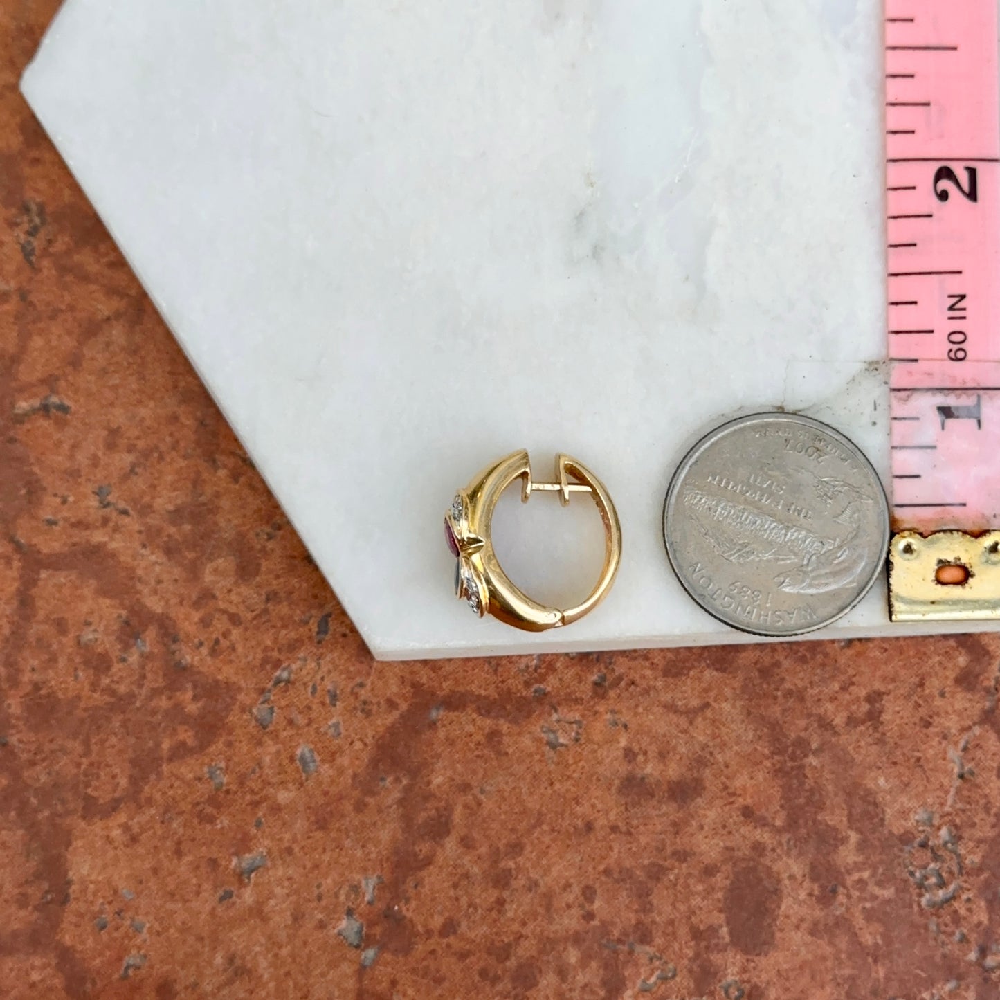 Estate 14KT Yellow Gold Bezel Blue Sapphire Ruby and Diamond Huggie Earrings