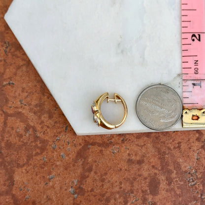 Estate 14KT Yellow Gold Bezel Blue Sapphire Ruby and Diamond Huggie Earrings