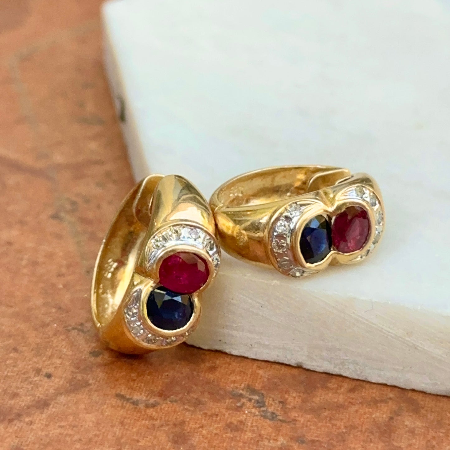 Estate 14KT Yellow Gold Bezel Blue Sapphire Ruby and Diamond Huggie Earrings
