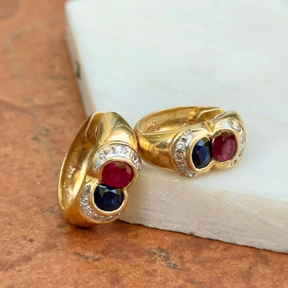 Estate 14KT Yellow Gold Bezel Blue Sapphire Ruby and Diamond Huggie Earrings