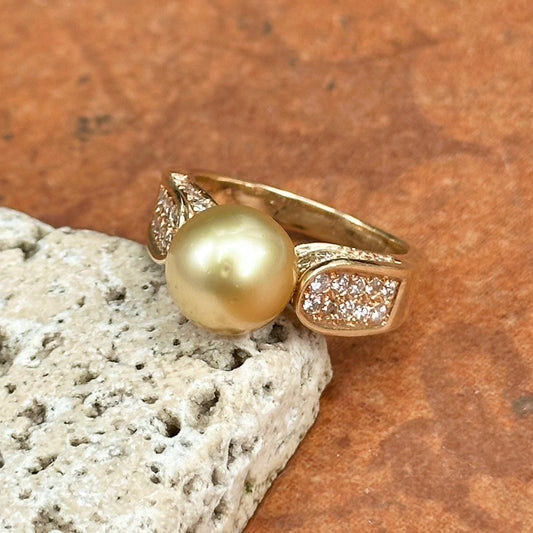 14KT Yellow Gold Yellow Pearl + Round Pave Diamond Ring