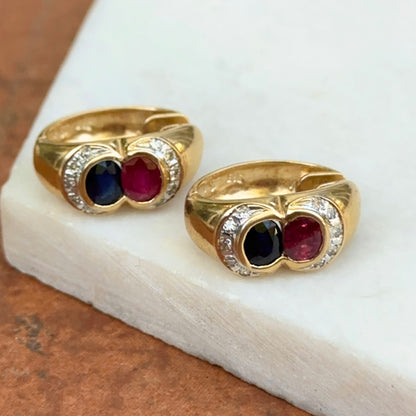 Estate 14KT Yellow Gold Bezel Blue Sapphire Ruby and Diamond Huggie Earrings