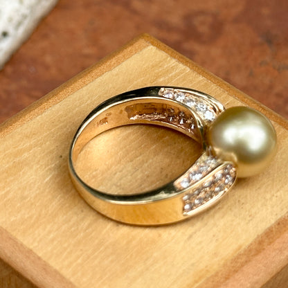 14KT Yellow Gold Yellow Pearl + Round Pave Diamond Ring