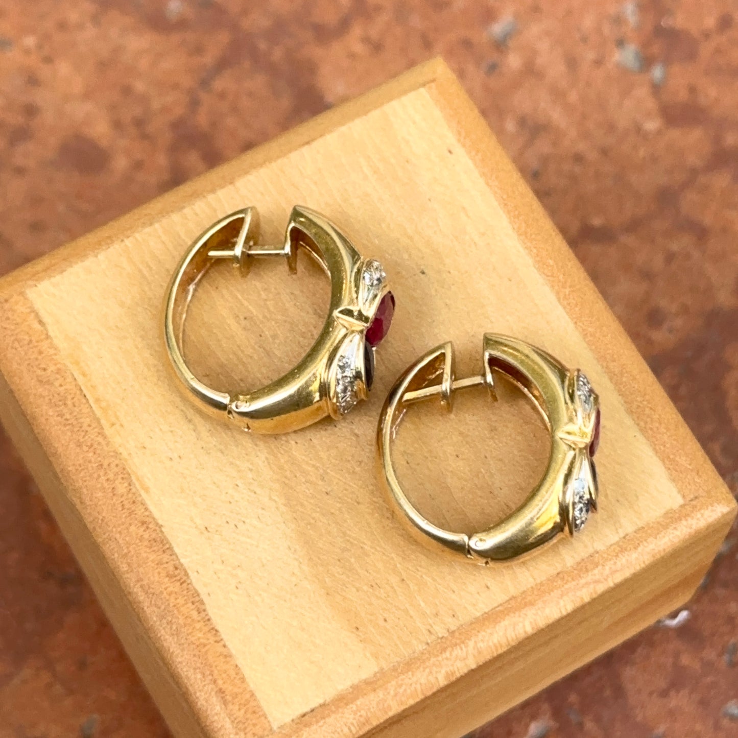 Estate 14KT Yellow Gold Bezel Blue Sapphire Ruby and Diamond Huggie Earrings