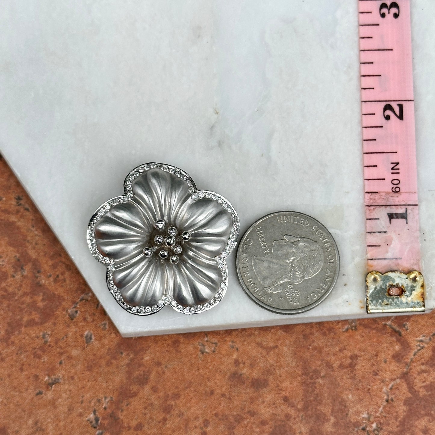 Estate 14KT White Gold Pave Diamond Flower Satin Finish Pin