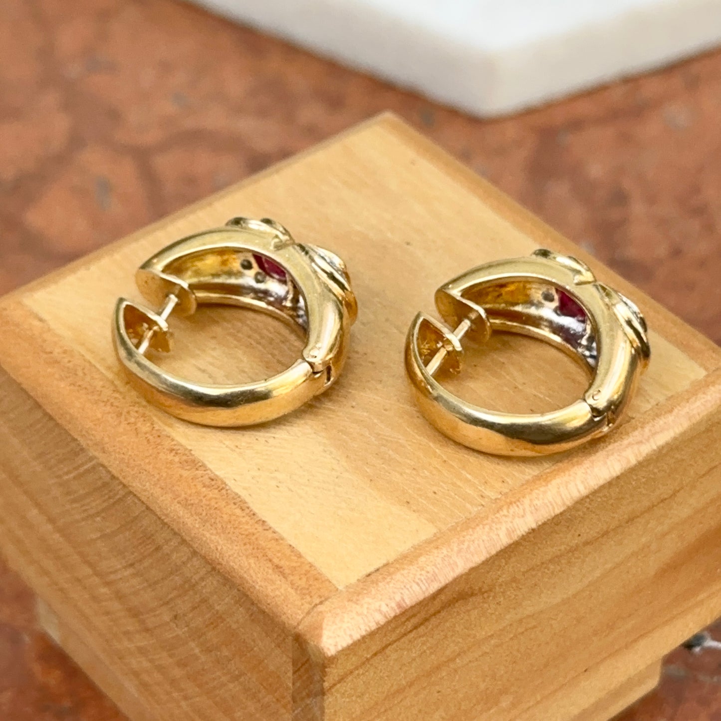 Estate 14KT Yellow Gold Bezel Blue Sapphire Ruby and Diamond Huggie Earrings