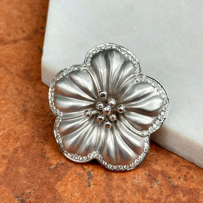 Estate 14KT White Gold Pave Diamond Flower Satin Finish Pin