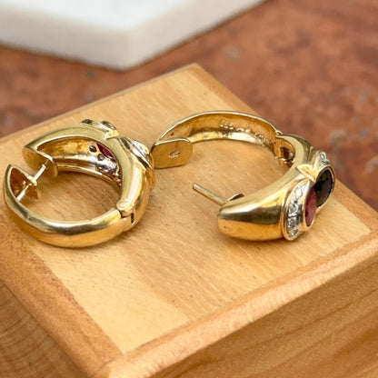 Estate 14KT Yellow Gold Bezel Blue Sapphire Ruby and Diamond Huggie Earrings