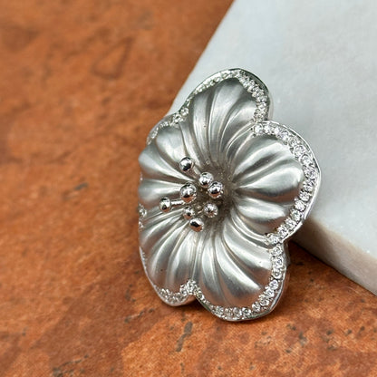 Estate 14KT White Gold Pave Diamond Flower Satin Finish Pin