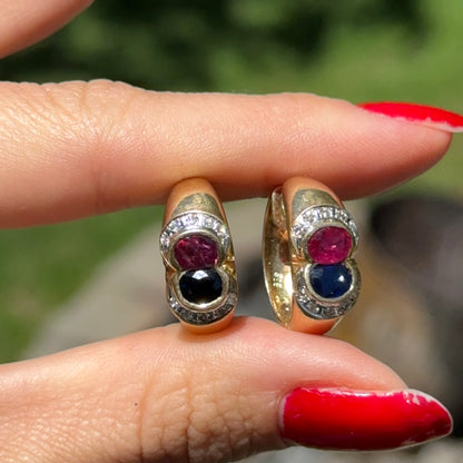 Estate 14KT Yellow Gold Bezel Blue Sapphire Ruby and Diamond Huggie Earrings