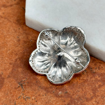 Estate 14KT White Gold Pave Diamond Flower Satin Finish Pin
