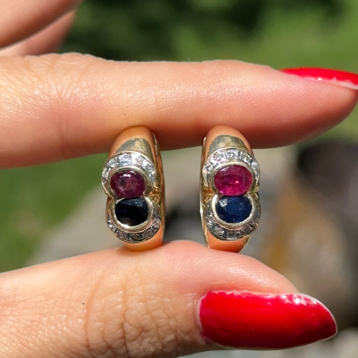 Estate 14KT Yellow Gold Bezel Blue Sapphire Ruby and Diamond Huggie Earrings