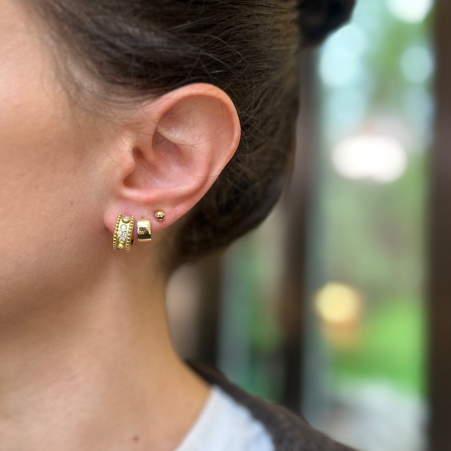 Estate 18KT Yellow Gold Matte & Burnished Diamond Huggie Earrings