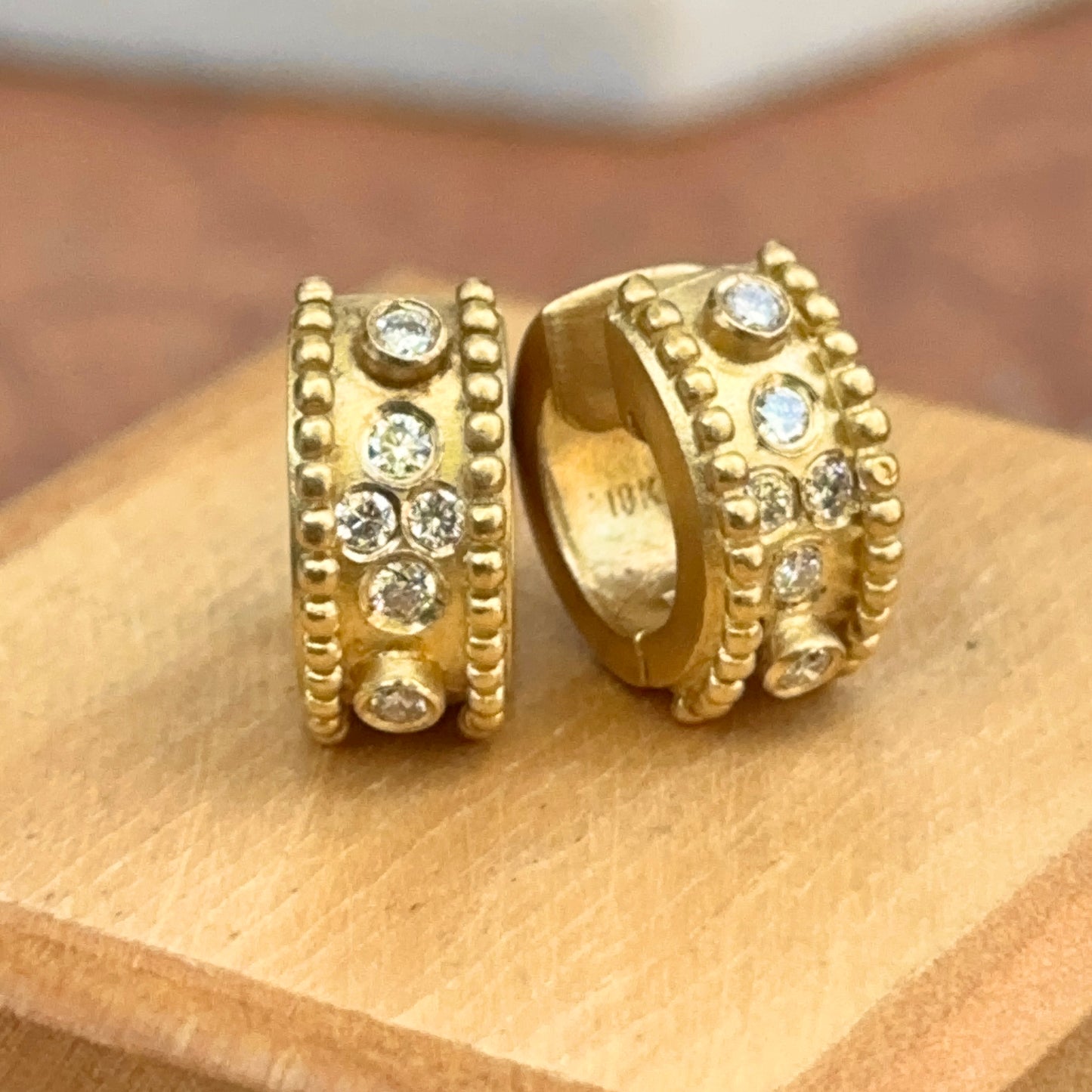 Estate 18KT Yellow Gold Matte & Burnished Diamond Huggie Earrings