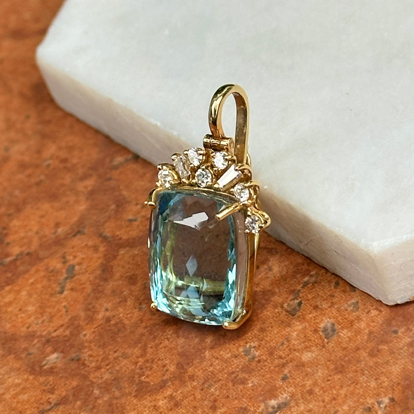 Estate 18KT Yellow Gold Cushion Swiss Blue Topaz+ Diamond Pendant Enhancer