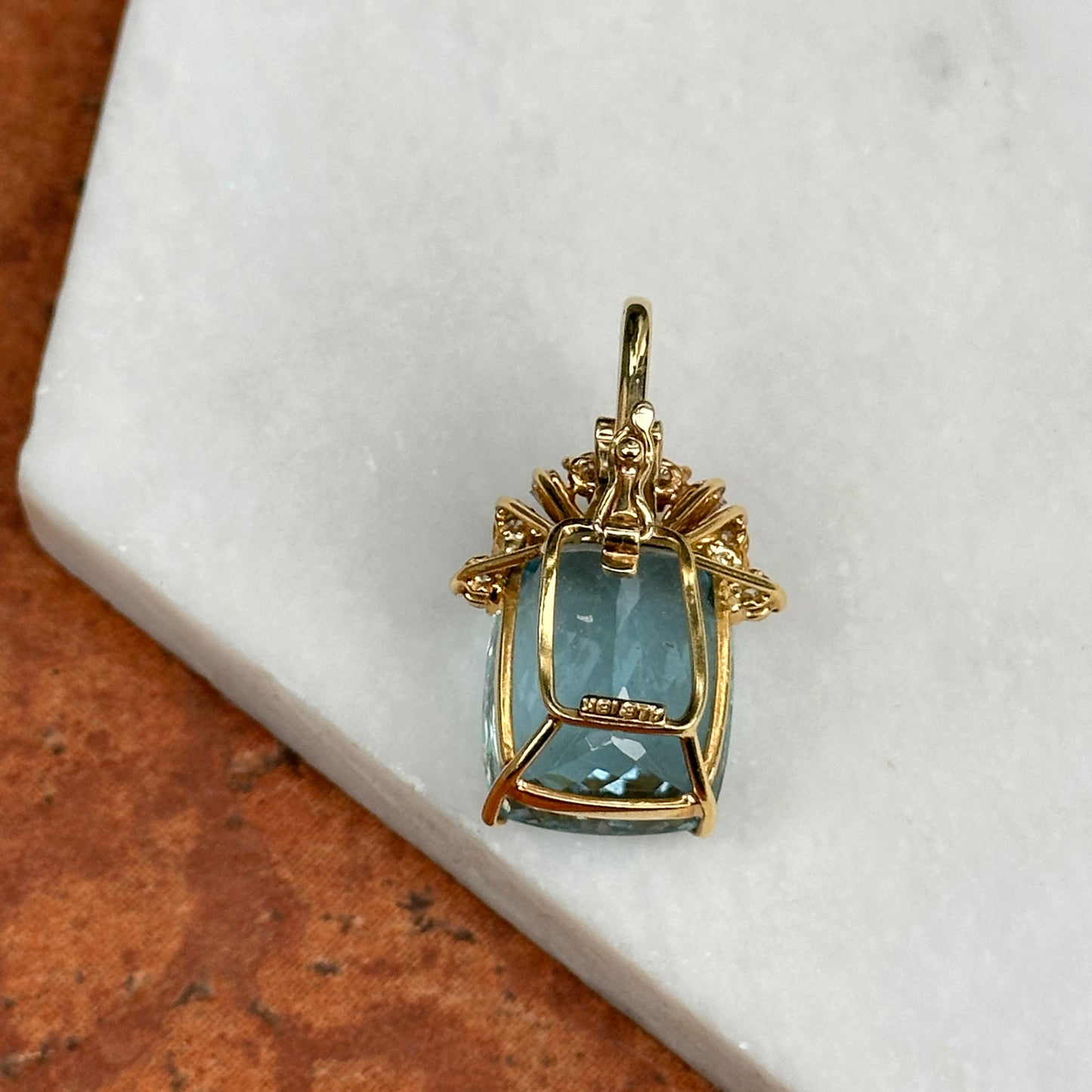 Estate 18KT Yellow Gold Cushion Swiss Blue Topaz+ Diamond Pendant Enhancer