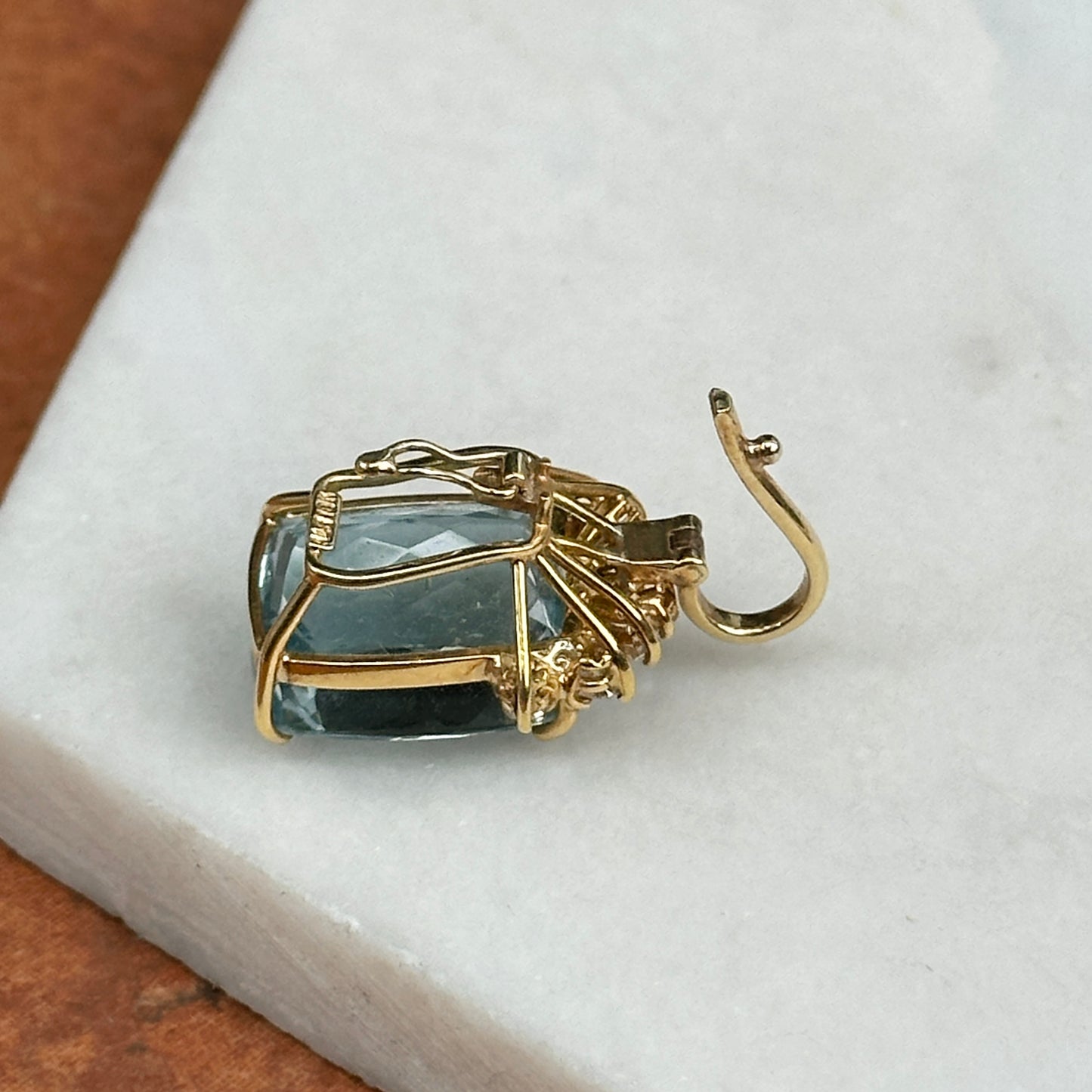 Estate 18KT Yellow Gold Cushion Swiss Blue Topaz+ Diamond Pendant Enhancer