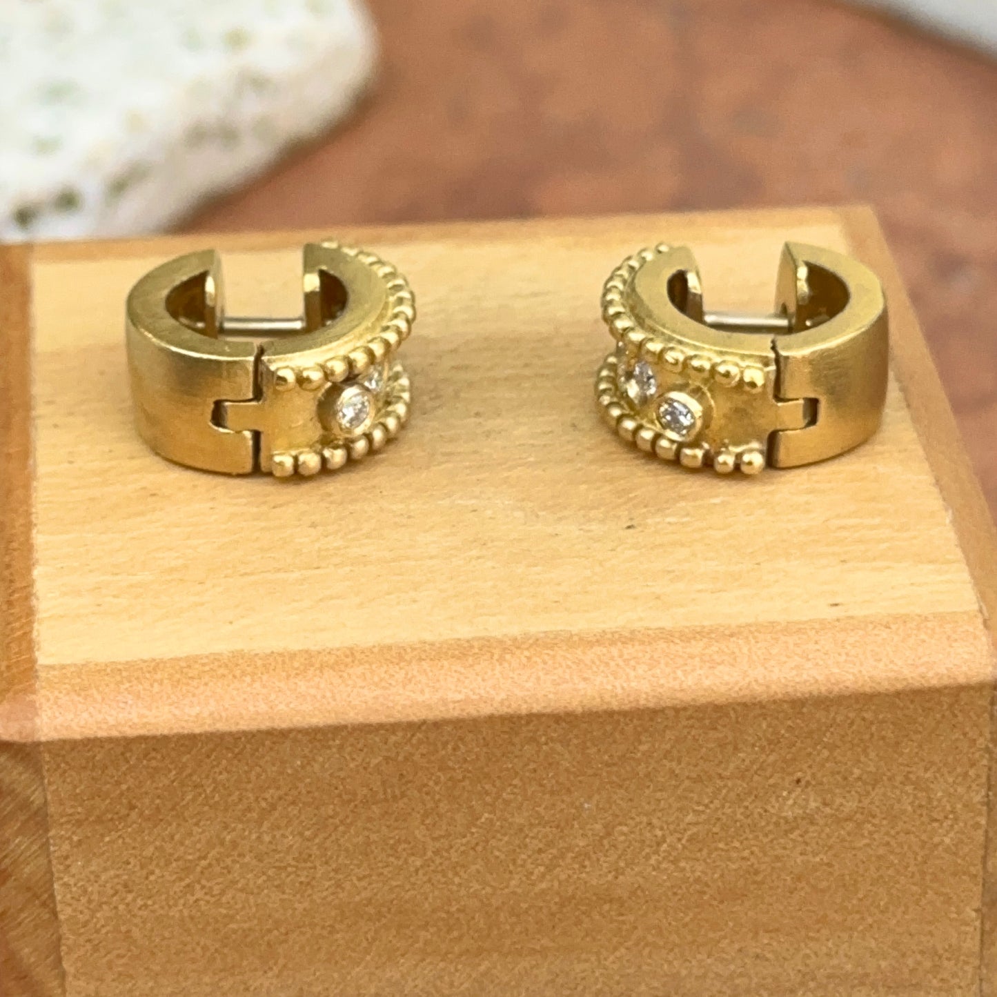 Estate 18KT Yellow Gold Matte & Burnished Diamond Huggie Earrings