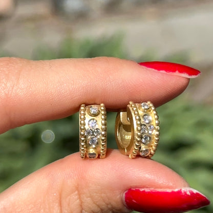 Estate 18KT Yellow Gold Matte & Burnished Diamond Huggie Earrings