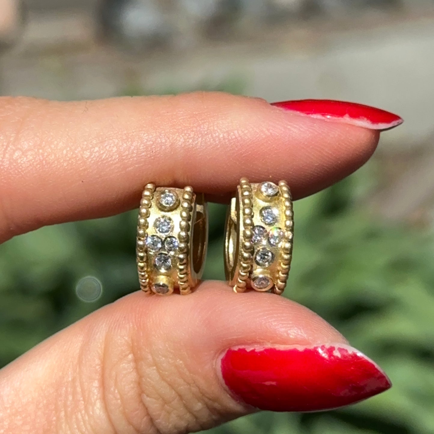 Estate 18KT Yellow Gold Matte & Burnished Diamond Huggie Earrings