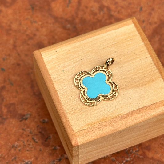 14KT Yellow Gold Filigree Turquoise 4 Leaf Clover Pendant Charm