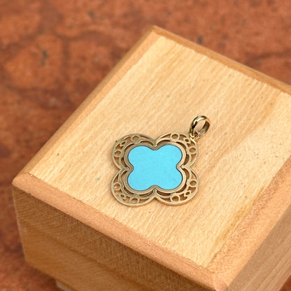 14KT Yellow Gold Filigree Turquoise 4 Leaf Clover Pendant Charm