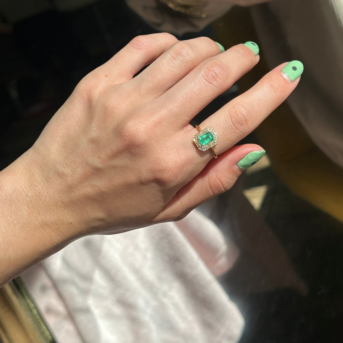 Estate 14KT Yellow Gold Emerald-Cut Emerald + Round Diamond Double Halo Ring