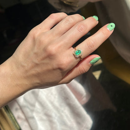 Estate 14KT Yellow Gold Emerald-Cut Emerald + Round Diamond Double Halo Ring