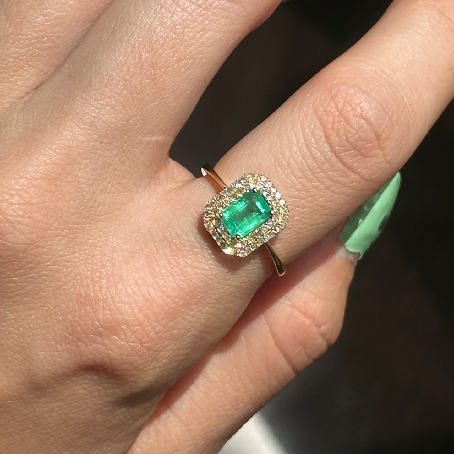 Estate 14KT Yellow Gold Emerald-Cut Emerald + Round Diamond Double Halo Ring