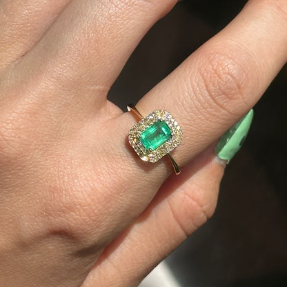 Estate 14KT Yellow Gold Emerald-Cut Emerald + Round Diamond Double Halo Ring