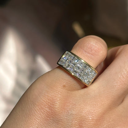 Estate 18KT Yellow Gold 3-Row Princess-Cut Invisible Set Band Ring