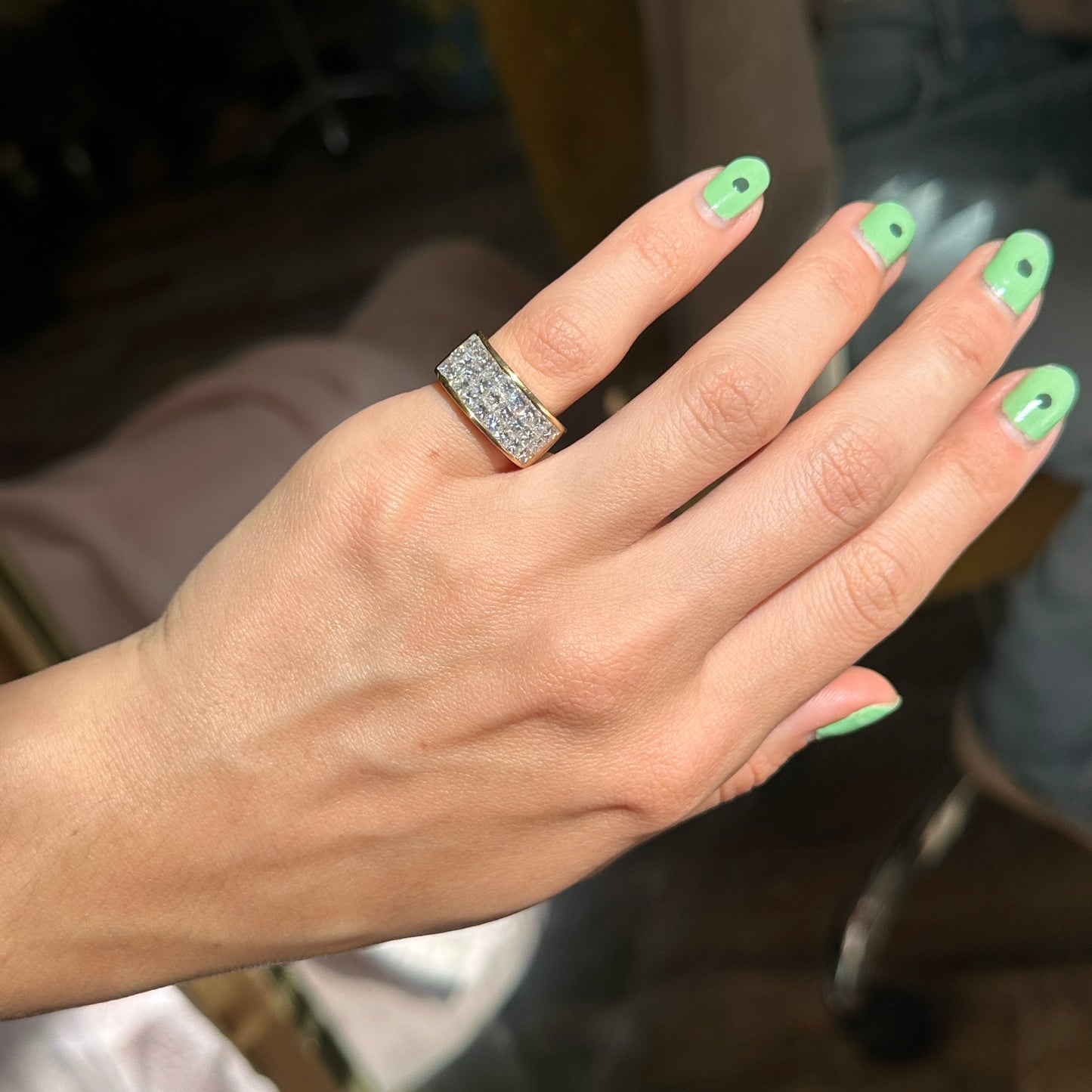 Estate 18KT Yellow Gold 3-Row Princess-Cut Invisible Set Band Ring