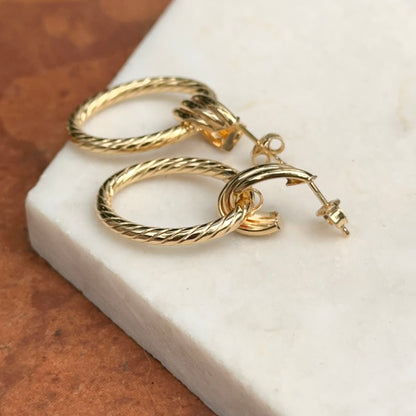 10KT Yellow Gold Ribbed Oval Door Knocker Post Dangle Earrings