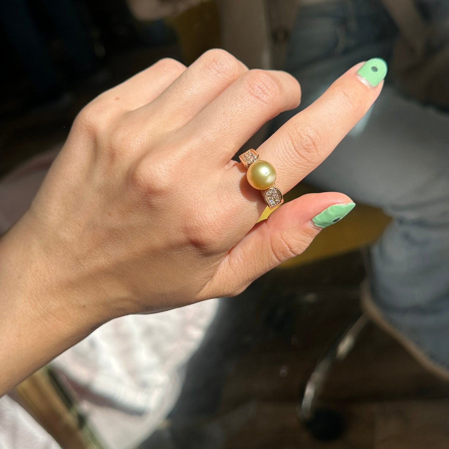 14KT Yellow Gold Yellow Pearl + Round Pave Diamond Ring