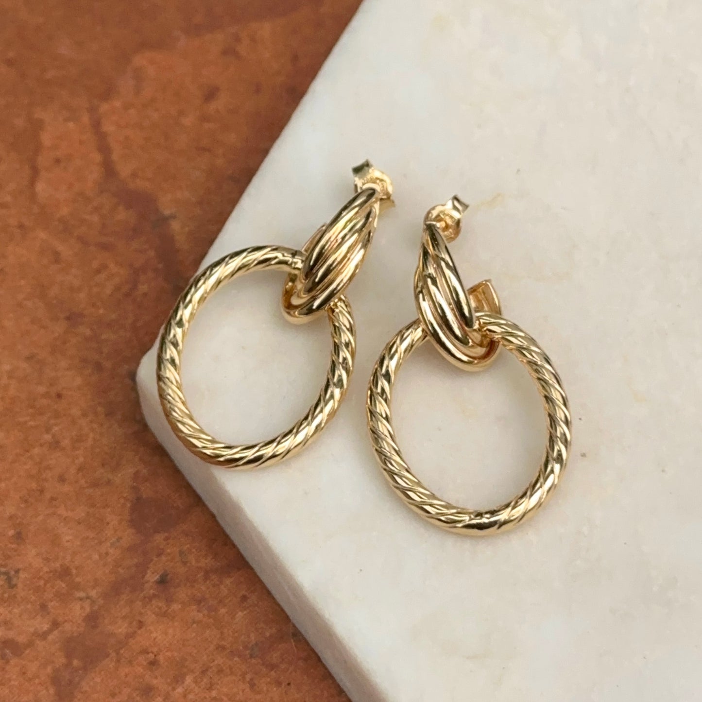 10KT Yellow Gold Ribbed Oval Door Knocker Post Dangle Earrings
