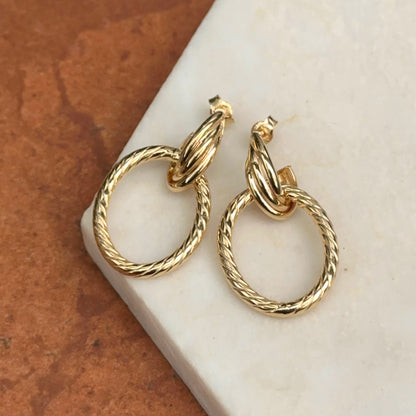 10KT Yellow Gold Ribbed Oval Door Knocker Post Dangle Earrings