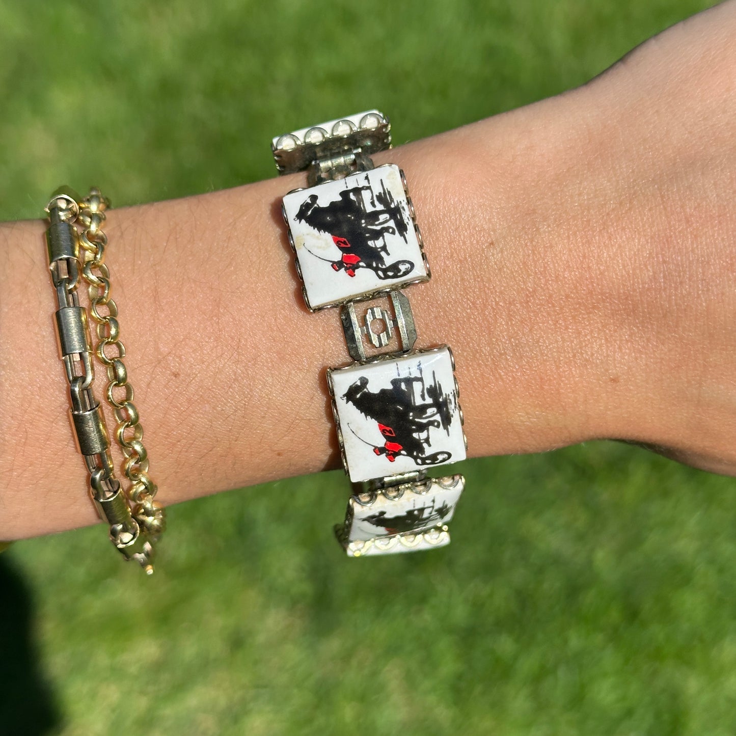 Estate Silver-Tone + Enamel Racing Horse Square Link Bracelet