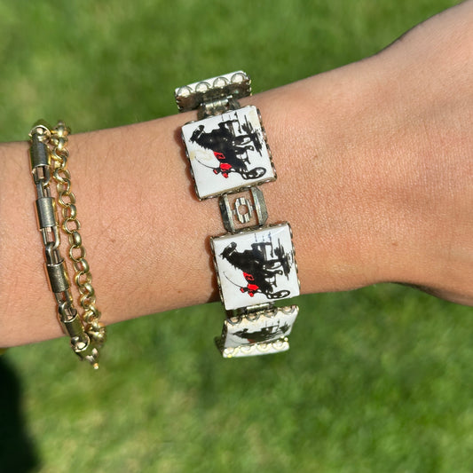 Estate Silver-Tone + Enamel Racing Horse Square Link Bracelet