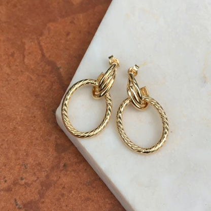 10KT Yellow Gold Ribbed Oval Door Knocker Post Dangle Earrings