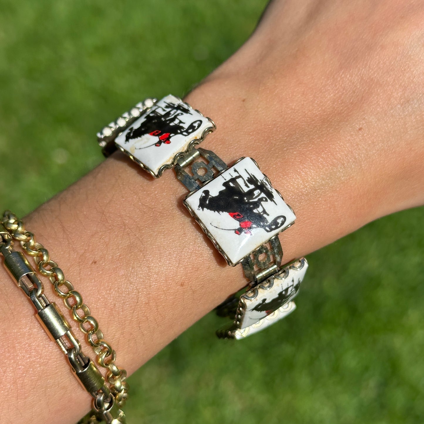 Estate Silver-Tone + Enamel Racing Horse Square Link Bracelet