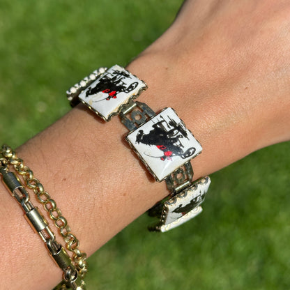 Estate Silver-Tone + Enamel Racing Horse Square Link Bracelet