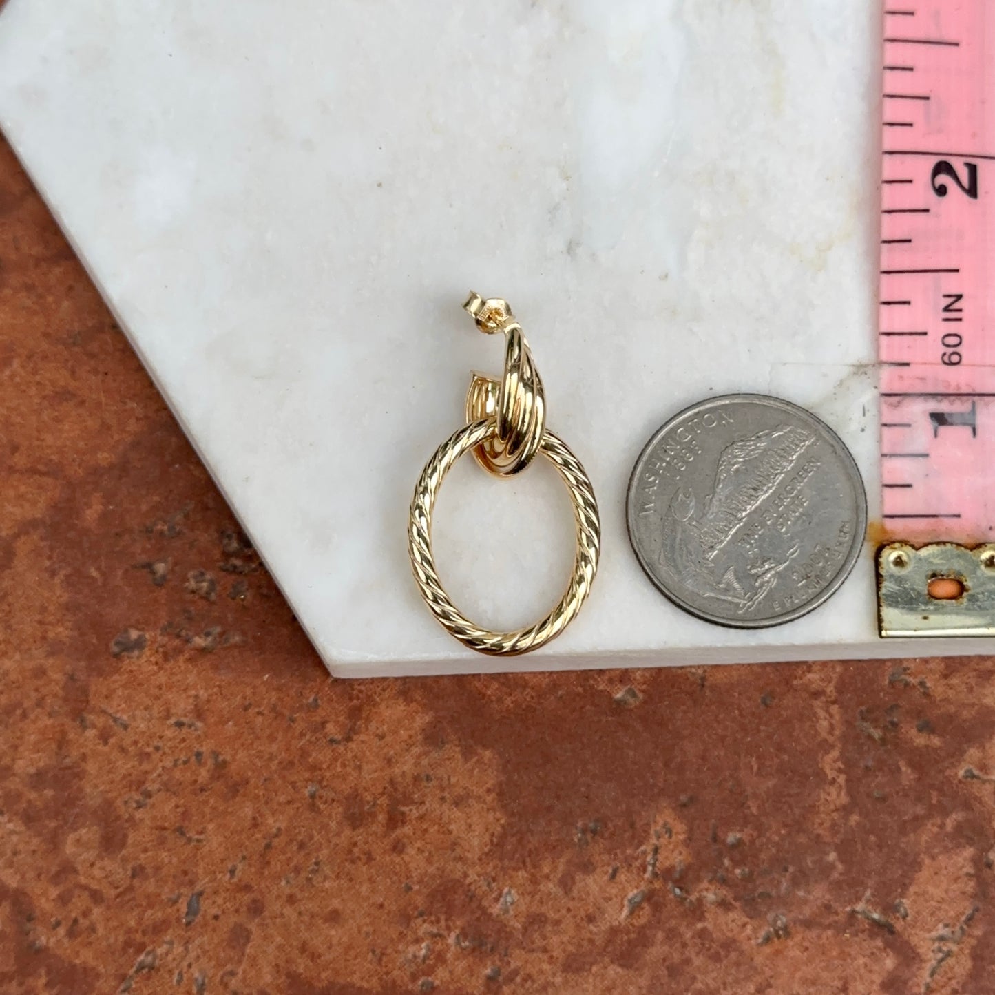 10KT Yellow Gold Ribbed Oval Door Knocker Post Dangle Earrings