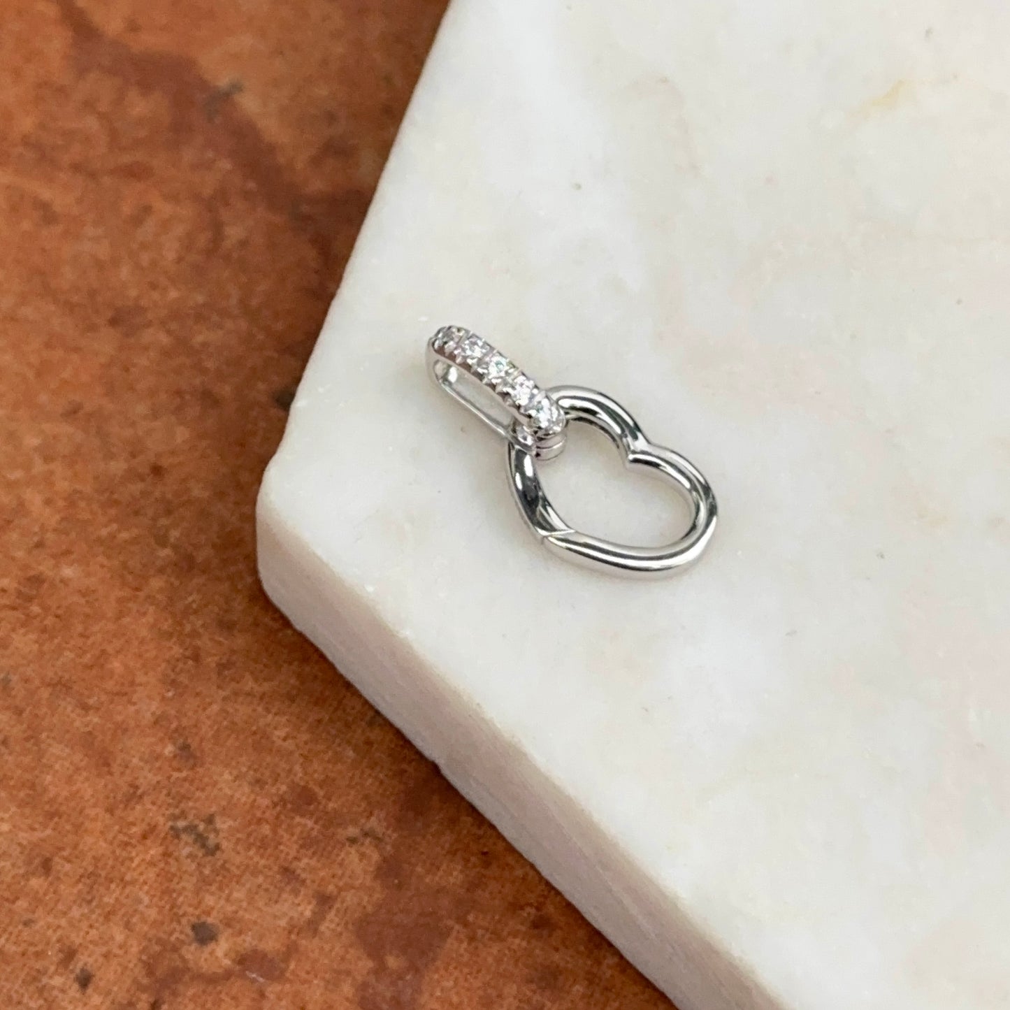 14KT White Gold Diamond Heart Push-In Charm Holder / Connector Clasp Enhancer Pendant