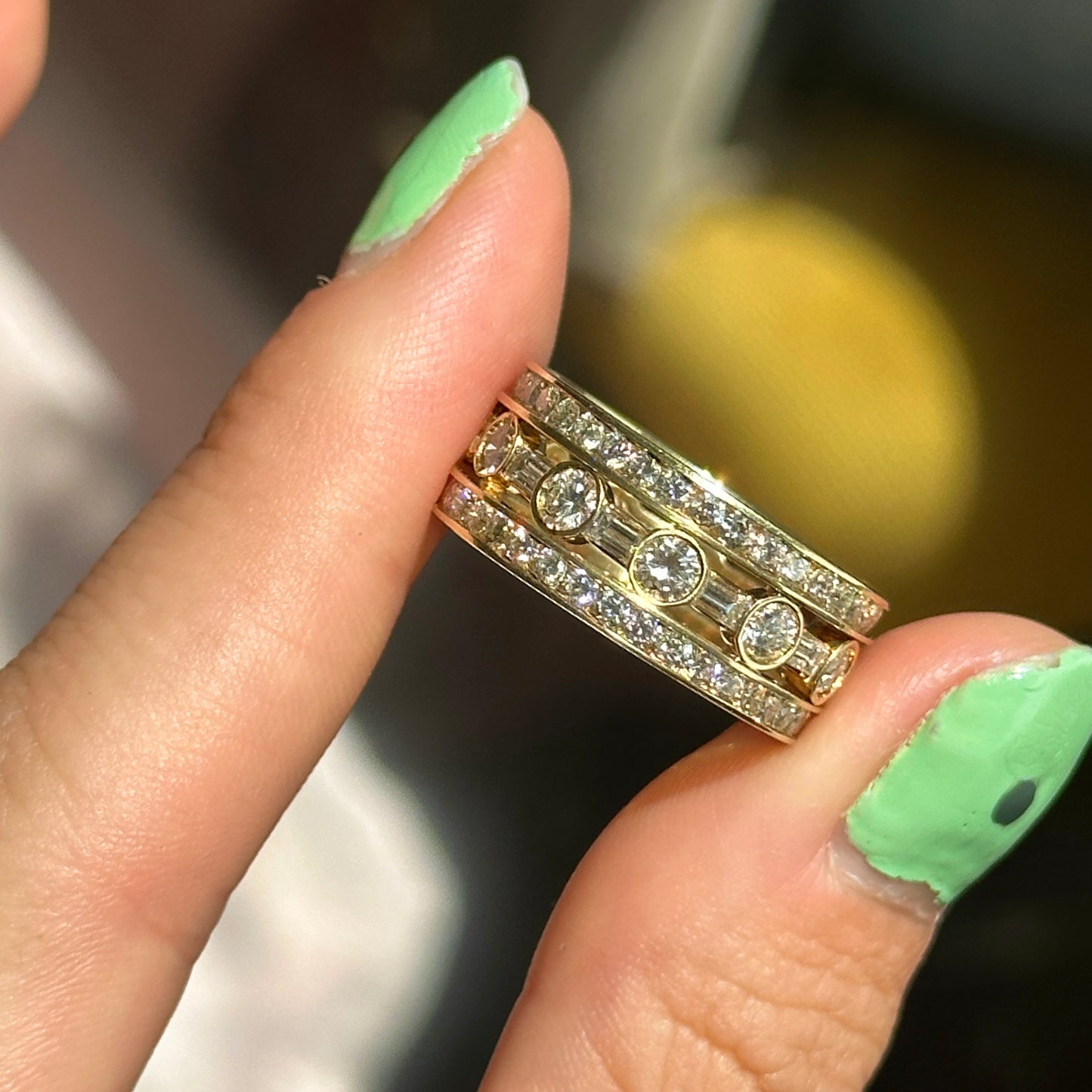 Estate 18KT Yellow Gold Round + Baguette Diamond Eternity Band Ring