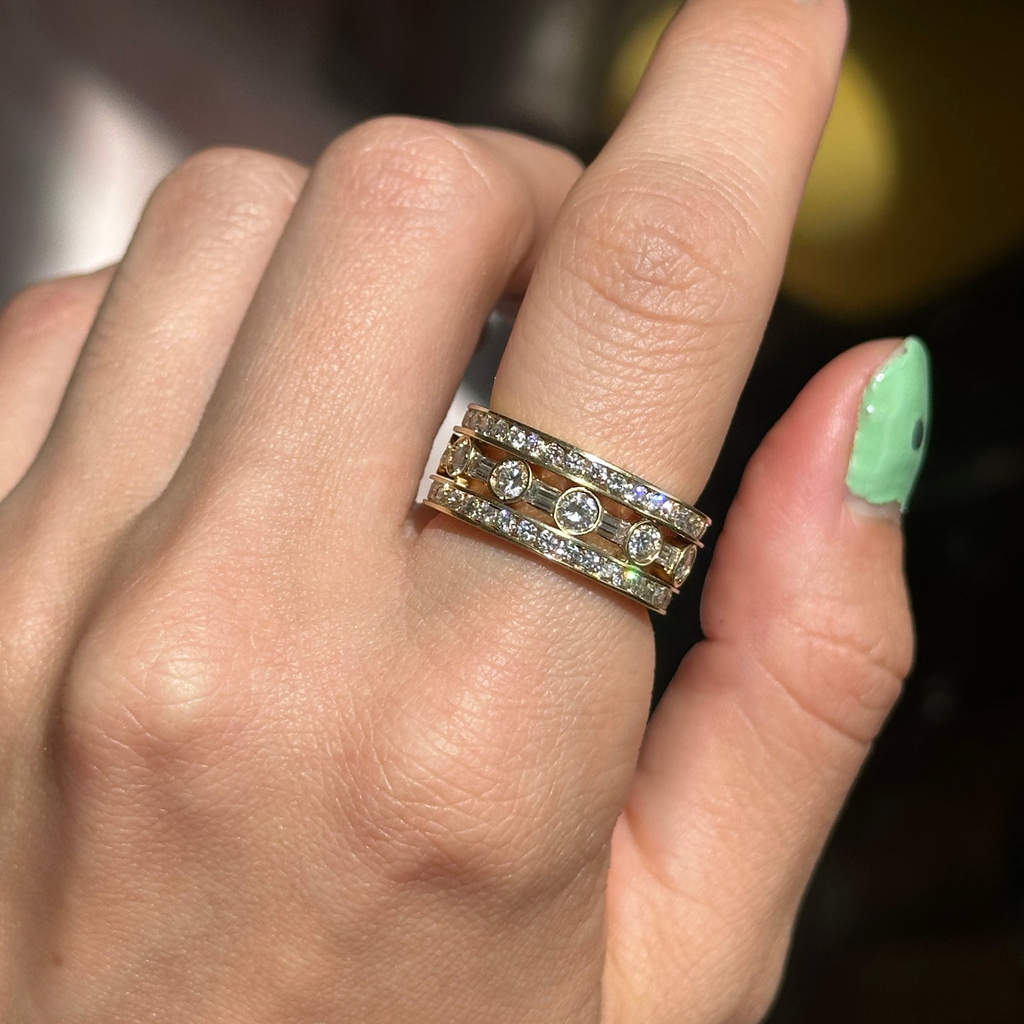 Estate 18KT Yellow Gold Round + Baguette Diamond Eternity Band Ring