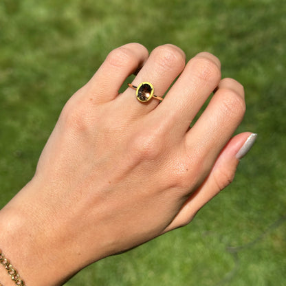 14KT Yellow Gold Oval Smoky Quartz + Yellow Enamel Ring