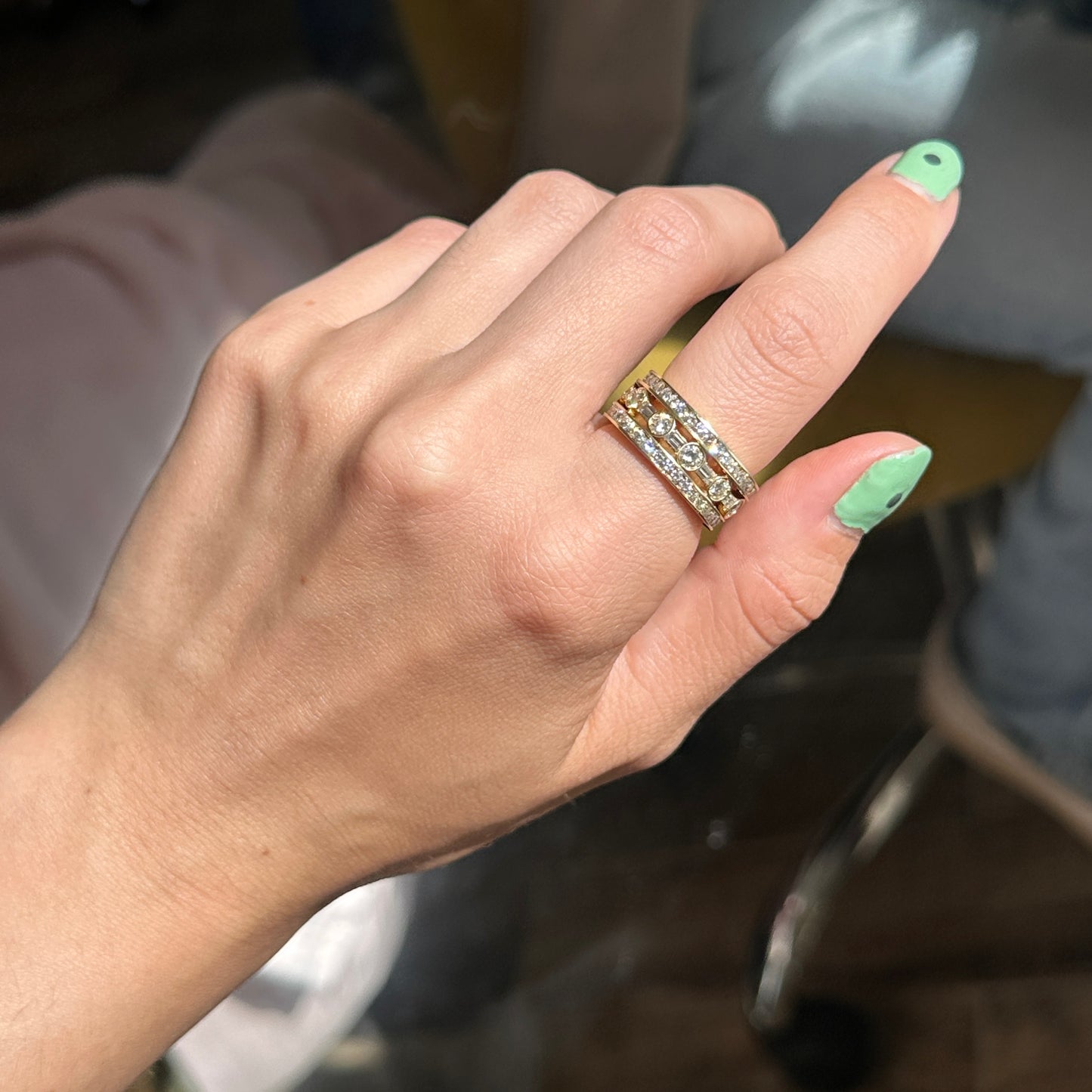 Estate 18KT Yellow Gold Round + Baguette Diamond Eternity Band Ring