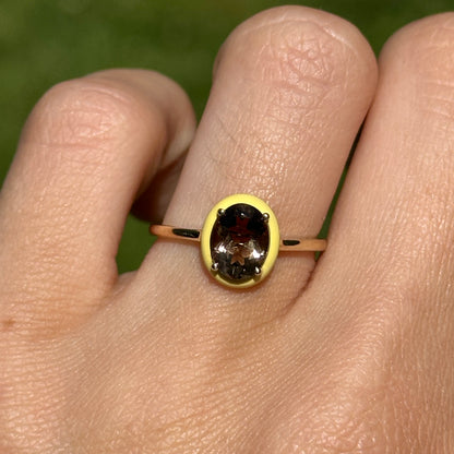 14KT Yellow Gold Oval Smoky Quartz + Yellow Enamel Ring