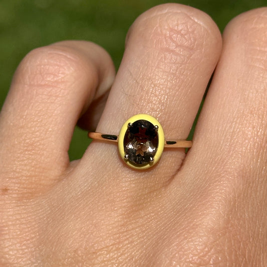 14KT Yellow Gold Oval Smoky Quartz + Yellow Enamel Ring